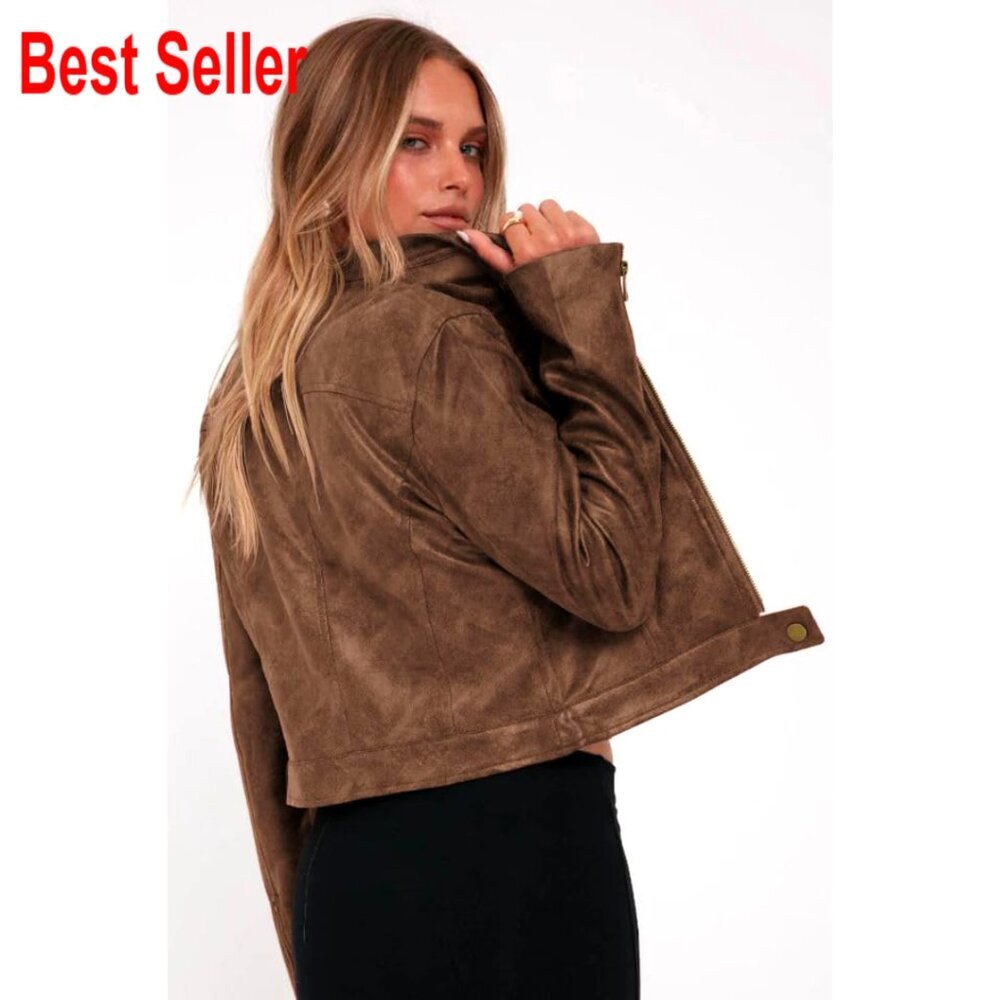 Faux Leather Cropped Motorcycle Jacket Zip Up Stand Collar Vintage Style - Picture 5 of 7